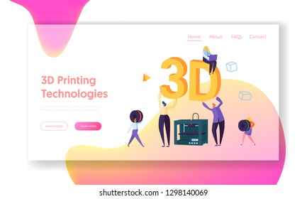 3D Printing Machine Technology Landing Page. People Help to Improve Manufacturing Process Printer. Woman Develop Future Print Program for Website or Web Page. Flat Cartoon Vector Illustration