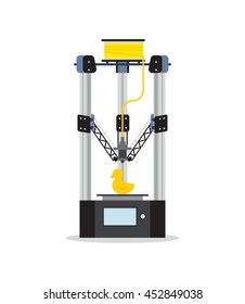3d Printing Machine printing a toy. Flat vector isolated icon.