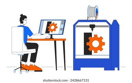 3D printing in mechanical engineering line cartoon flat illustration. 3d printer technician at computer 2D lineart character isolated on white background. Rapid prototyping scene vector color image
