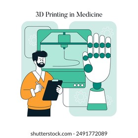 3D Printing in Medicine concept. An illustration portraying a man using technology to print a prosthetic hand. Innovation meeting healthcare needs. Vector illustration.