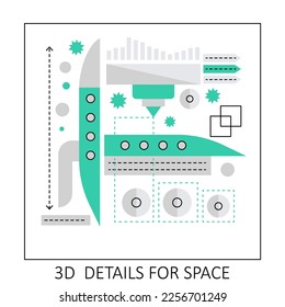 3d printing metal industry. Modeling 3d ships details, prototype creating items vector illustration