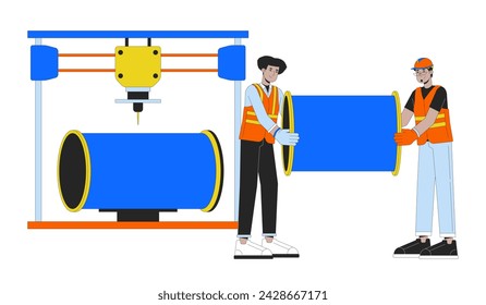 Impresión 3D en la línea de fabricación de tubos de metal ilustración plana de dibujos animados. Fabricantes de tuberías de impresora 3d 2D lineart caracteres aislados sobre fondo blanco. Imagen en color vectorial de escena de prototipado rápido