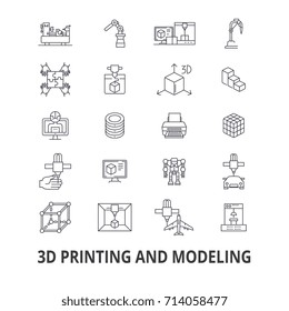 3d Printing, Model, Graphics, Prototype, Modeling,  Manufacturing, Production Line Icons. Editable Strokes. Flat Design Vector Illustration Symbol Concept. Linear Isolated Signs