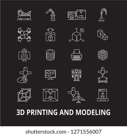 3d printing and modeling editable line icons vector set on black background. 3d printing and modeling white outline illustrations, signs, symbols