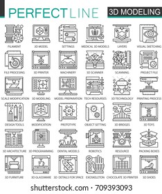 3D printing, 3D modeling and scanning technology outline mini concept symbols. Modern stroke linear style illustrations set. Perfect thin line icons.