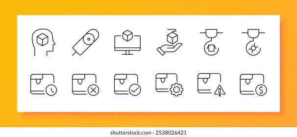 3D printing and modeling set icon. Cube model, computer setup, printer filament, software box, 3D pen, layer selection, printer bed, extruder nozzle, design icons for 3D printing, and digital modeling
