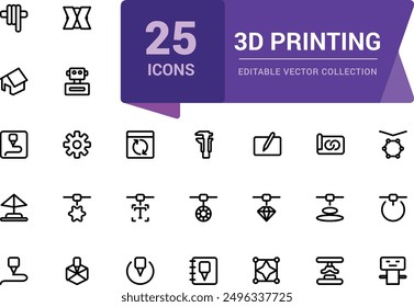 Symbolsatz für 3D-Druckumrisse. Drucktechnologie editierbare Strichliniensymbole. Computer Aided Design (CAD), digitales Modell, Rapid Prototyping Icon Collection.