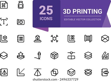 Conjunto de iconos de esquema de impresión 3D. Símbolos de línea de trazo editables con tecnología de impresión. Diseño asistido por computadora (CAD), modelo digital, colección rápida de prototipos.