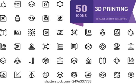 Conjunto de iconos de esquema de impresión 3D. Símbolos de línea de trazo editables con tecnología de impresión. Diseño asistido por computadora (CAD), modelo digital, colección rápida de prototipos.