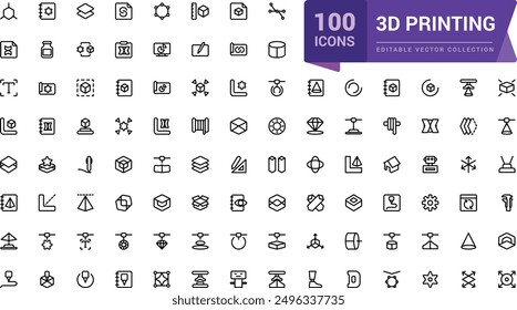 Symbolsatz für 3D-Druckumrisse. Drucktechnologie editierbare Strichliniensymbole. Computer Aided Design (CAD), digitales Modell, Rapid Prototyping Icon Collection.