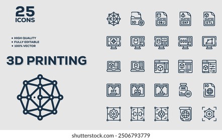 3D printing outline icon set. Print technology editable stroke line symbols. Computer aided design (CAD), digital model, rapid prototyping icon collection.