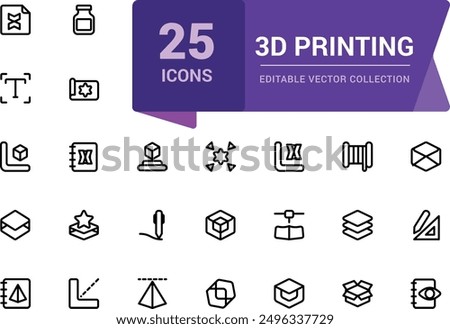 3D printing outline icon set. Print technology editable stroke line symbols. Computer aided design (CAD), digital model, rapid prototyping icon collection.