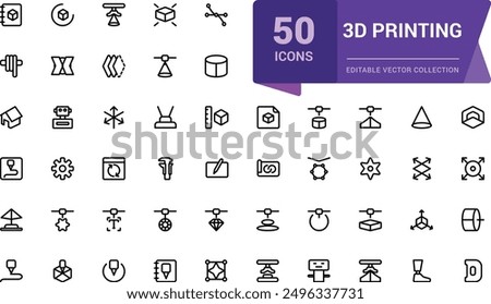 3D printing outline icon set. Print technology editable stroke line symbols. Computer aided design (CAD), digital model, rapid prototyping icon collection.