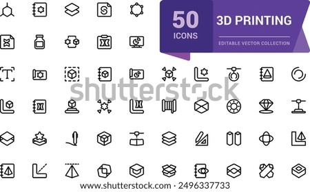 3D printing outline icon set. Print technology editable stroke line symbols. Computer aided design (CAD), digital model, rapid prototyping icon collection.