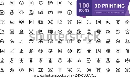 3D printing outline icon set. Print technology editable stroke line symbols. Computer aided design (CAD), digital model, rapid prototyping icon collection.