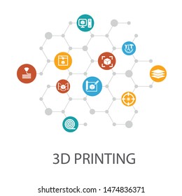3d printing presentation template, cover layout and infographics. 3d printer, filament, prototyping, model preparation icons