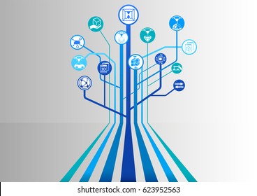 3D Printing and 3D Print blue background as vector illustration with parallel lines branching out into a tree structure