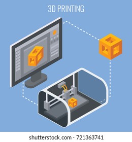 3D printing process concept isometric vector illustration. Technology of manufacturing and prototype. Process of creation of three-dimentional object.