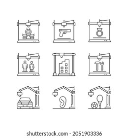 3d printing process linear icons set. Design representation. Rapid prototyping. Modern technology. Customizable thin line contour symbols. Isolated vector outline illustrations. Editable stroke