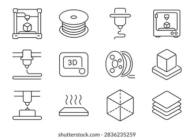 3D printing process set icon. Printer, filament spool, extrusion nozzle, enclosed machine, engraving head, control panel, resin reel, prototype block, heated platform, wireframe model