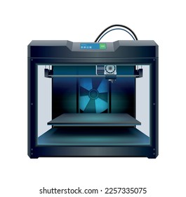 3d printing realistic composition with necessary equipment for cumbersome print isolated on blank background vector illustration