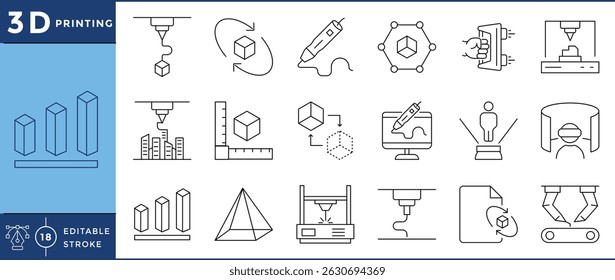 3D printing related line icons set. Editable stroke including 3d design, technology, printer, virtual reality, and so on.