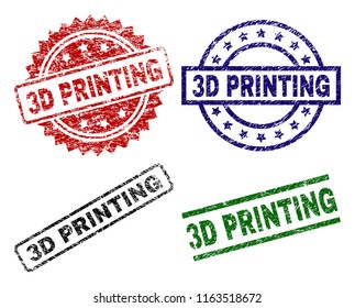3D PRINTING seal prints with damaged style. Black, green,red,blue vector rubber prints of 3D PRINTING tag with grunge surface. Rubber seals with circle, rectangle, medallion shapes.