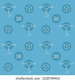 3D printing seamless pattern design, three-dimensional printer repeat background template, robotic machine icons, modeling endless vector, industrial factory repetitive illustration, surface wallpaper