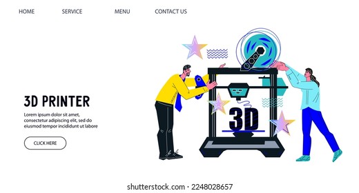 Banner del sitio web del servicio de impresión 3D con ingeniero imprimiendo un objeto tridimensional usando impresora 3d, ilustración vectorial plana.
