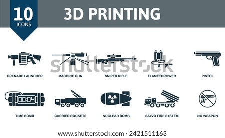 3d printing set. Creative icons: grenade launcher, machine gun, sniper rifle, flamethrower, pistol, time bomb, carrier rockets, salvo fire system, no weapon.