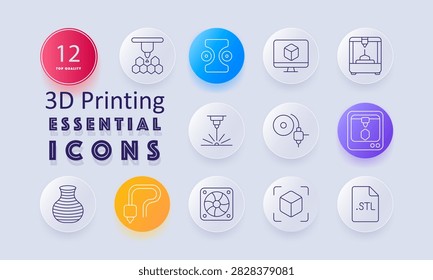 3D printing set icon. Additive manufacturing, filament spool, modeling software, fabrication machine, laser extrusion, material feed, production display, ceramic vase, print head, cooling fan
