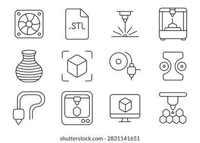 3D printing set icon. Cooling fan, STL file, laser engraving, printer, ceramic vase, model preview, filament spool, dual roller, flexible tube, desktop machine, digital prototype, additive manufacturing