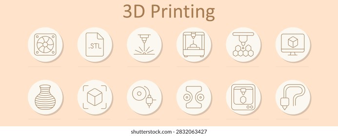 3D printing set icon. Cooling fan, STL file, laser engraving, fabrication machine, additive manufacturing, modeling software, ceramic vase, object scanning, filament spool, extrusion process