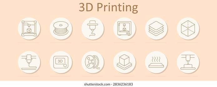3D printing set icon. Fabrication machine, filament spool, extrusion nozzle, modeling interface, layered structure, geometric prototype, additive process, design software, material reel, manufactured object