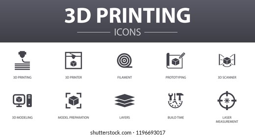 3d printing simple concept icons set. Contains such icons as 3d printer, filament, prototyping, model preparation and more, can be used for web, logo, UI/UX