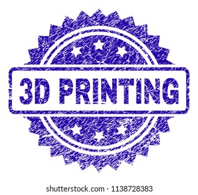 3D PRINTING stamp imprint with grunge style. Blue vector rubber seal print of 3D PRINTING tag with grunge texture.
