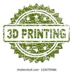 3D PRINTING stamp seal watermark with rubber print style. Green vector rubber print of 3D PRINTING caption with scratched texture.