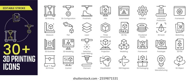 3D Printing Stroke icon collections. Containing 3D printer, modeling, filament, 3D scanner, additive manufacturing, prototype and more icons. Editable Stroke icon collection Outline icon