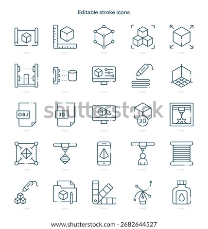 3D Printing stroke icon. 3D Printing line icon set. editable stroke icon pack