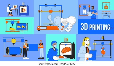 3d printing technology bento grid illustration set. Additive manufacturing 2D vector image collage design graphics collection. Multicultural adult industry technicians flat characters moodboard layout