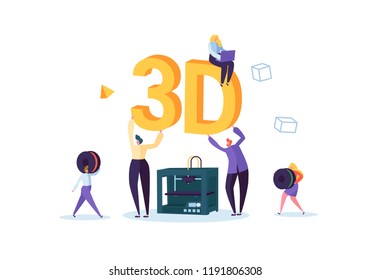 3D Printing Technology Concept. 3D Printer Equipment with Flat People Characters and Computer. Engineering and Prototyping Industry. Vector illustration