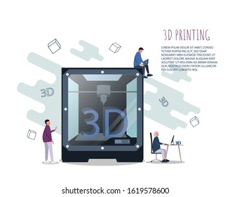 3D Printing Technology Concept. 3D Printer Equipment with Flat People, Characters and Computer. Prototyping Industry. Vector illustration