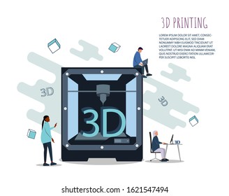 3D Printing Technology Concept. 3D Printer Equipment with Flat People, African american woman Characters and Computer. Prototyping Industry. Vector illustration