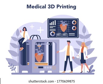 3D Printing technology concept. 3D printer equipment and engineer. Modern prototyping and construction. Isolated vector illustration