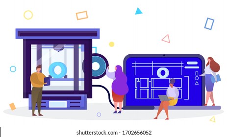 3d printing technology in flat style vector illustration. Spool of thread for 3d printing. An engineer holds a tablet in hand with a print interface. On a laptop model diagram for 3d printing.