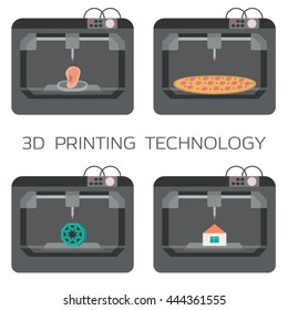 3D printing technology. House, bodies, pizza, plastic models. 3 D printer. Vector illustration.
