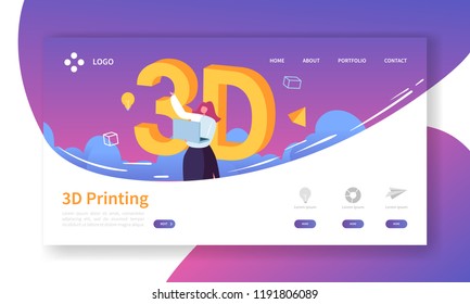 3D Printing Technology Landing Page. 3D Printer Equipment with Flat People Characters Website Template. Engineering and Prototyping Industry. Vector illustration