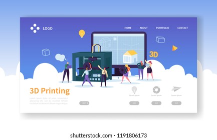 3D Printing Technology Landing Page. 3D Printer Equipment with Flat People Characters Website Template. Engineering and Prototyping Industry. Vector illustration