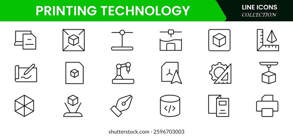 3d printing Technology line icons collection. Thin outline icons pack. UI icon collection. Set of line web pictogram