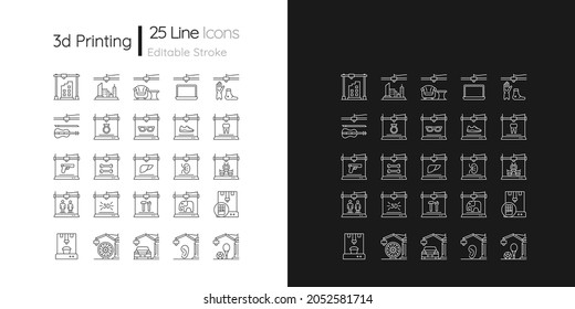 3d printing technology linear icons set for dark and light mode. Creating three dimensional objects. Customizable thin line symbols. Isolated vector outline illustrations. Editable stroke